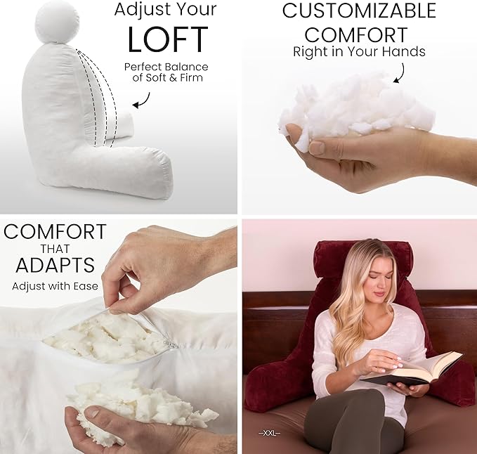 Husband Pillow XXL – Reading Pillow Bed Chair with Arms & Back Support – Maroon - Back Pillow for Beds Sitting Up – Bed Rest Arm Pillow – Comfy Reading Pillow for Adults
