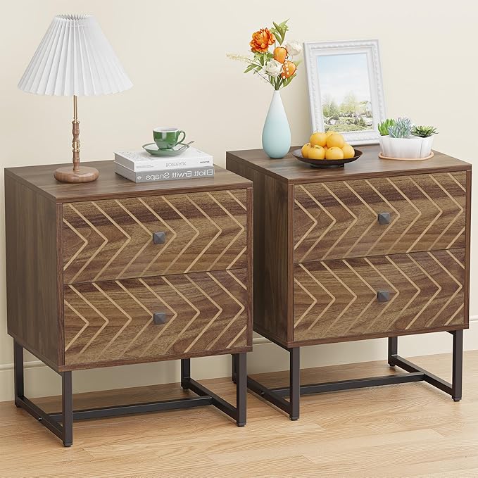 Modern Nightstand Set of 2,Morden Night Stand with 2 Drawers,End Tables with Storage,Bedside Tables for Bedroom,Walnut