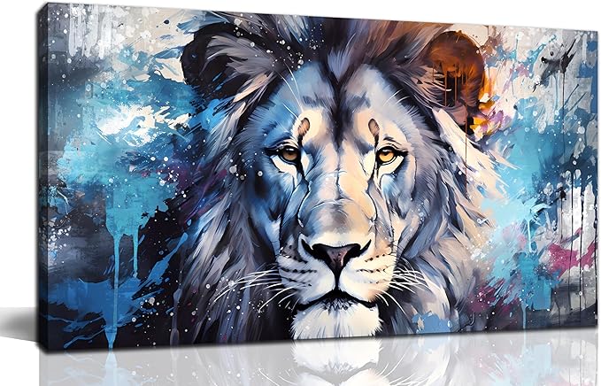 ENTANUB Lion Wall Art for Living Room, Animal Canvas Print Painting for Bedroom, Blue Picture Decor, Size 40x20 Inches