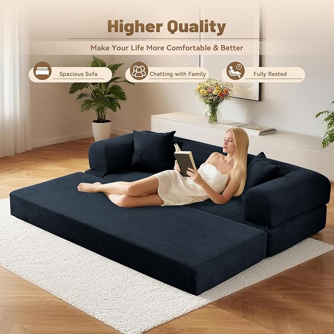 Convertible Sofa Bed,80" Folding Sleeper Sofa Bed Queen with Pillows & Storage,Corduroy Pull Out Couch Boneless Couches for Living Room,Compressed Couch in a Box,Deep Blue