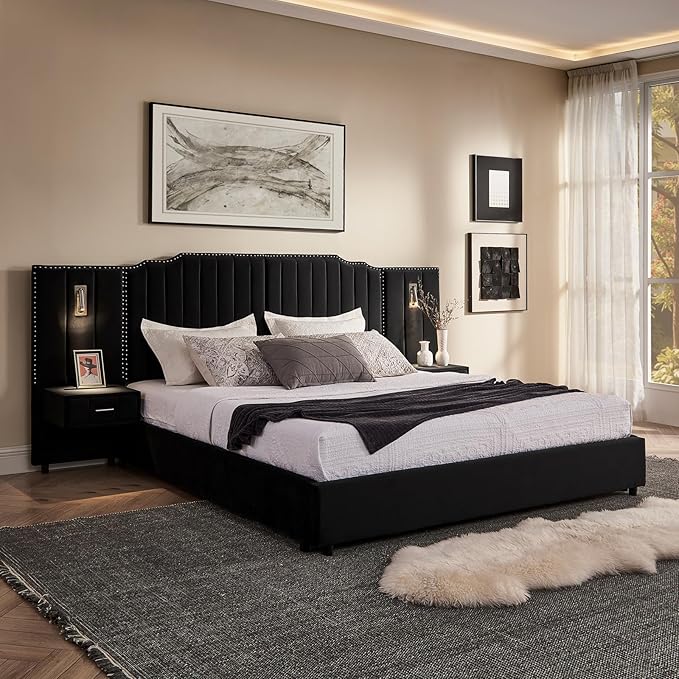 King Size Bed Frame with Storage, Luxury King Platform Bed Frame with Headboard, Velvet Fabric Upholstered Bedframe with LED Lights, Solid Frame & Bedside Table, No Box Spring Needed, Black