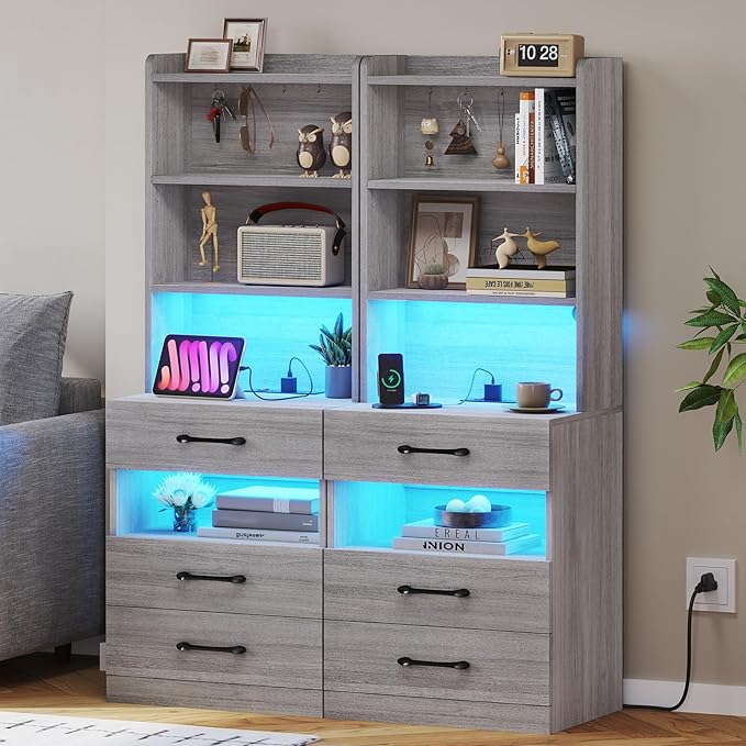 VIAGDO Tall Nightstand Set of 2 with Charging Station and LED Lights, Grey Night Stand Set 2 with Bookshelf, Modern LED Bedside Tables with 3 Drawers and Storage Shelves, Side Tables for Bedrooms