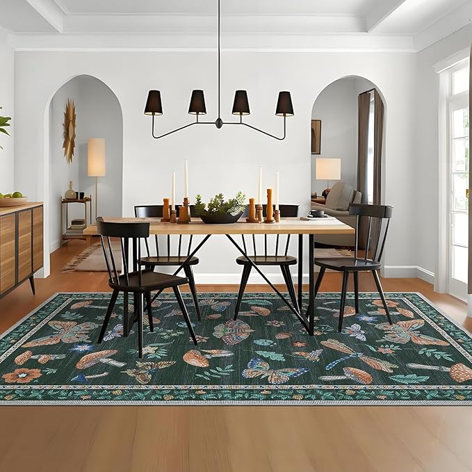 Mushroom 10x13 Area Rug for Living Room Washable Non Slip Forest Soft Low-Pile Stain Resistant Thin Large Throw Carpet for Bedroom Dining Room Office Black