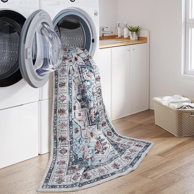 zesthome 6x9 Area Rugs, Machine Washable Rugs for Living Room, Bedroom,Stain Resistant Vintage Large Area Rug,Non-Slip Medallion Pattern Home Decor Rugs (Blue,6'x9')