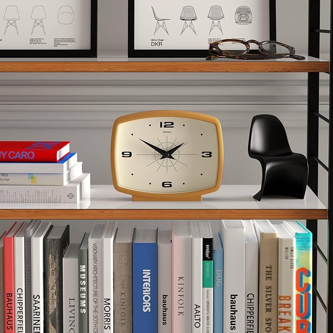 JONES CLOCKS® Film Desk Clock | Retro Rectangular Design | Mustard Yellow | Retro Design, Blending mid Century Style with a Punchy Modern Finish for Shelf, Table, Mantel or Bedside