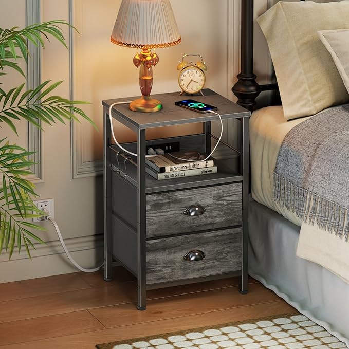 Furologee Nightstand with Charging Station, Night Stand with 2 Fabric Drawers, Side Table with USB Ports, End Table with Storage Shelf, for Living Room/Bedroom, Grey