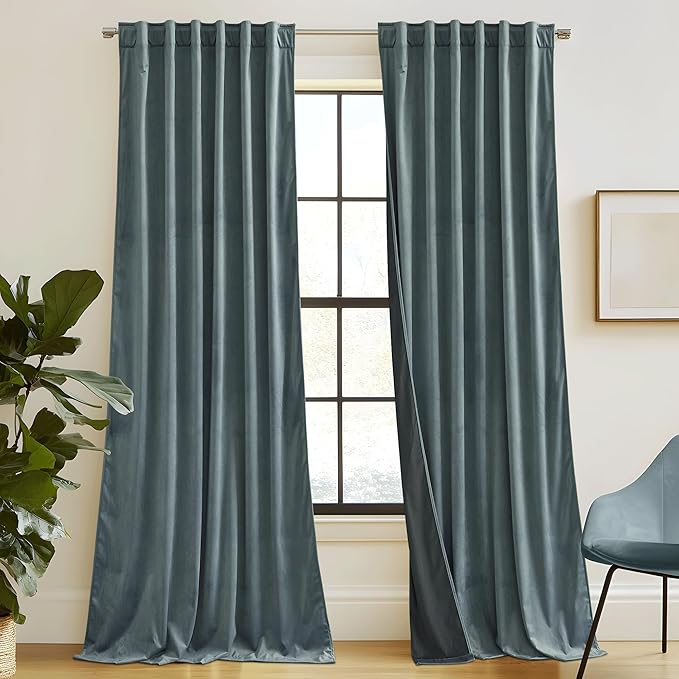 RYB HOME Dusty Blue Velvet Drapes for Baby Boy Bedroom, Thermal Insulated, Light Blocking, Floor-Length Back Tab Velvet Curtains for Modern Home Decor, 52" W x L84 L, 2 Panels Set