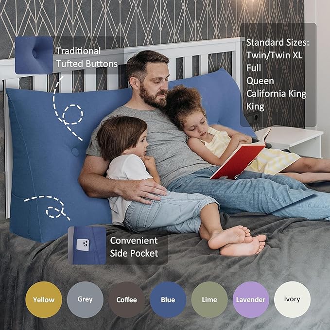 homecozy Wedge Headboard Pillow Dorm Room Reading Pillow Back Support for Sitting Up in Bed Bolster Lumbar Cushion Body Positioning Bedrest Cotton Linen 39in Blue Twin