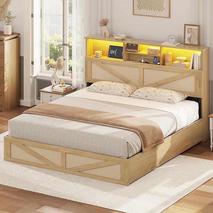 VIAGDO Rattan Bed Frame Full Size with Bookcase Storage Headboard, Charging Station and LED Lights, Wooden Full Bed Frame with 4 Drawers, Barn Door Design, No Box Spring Needed, No Noise, Natural