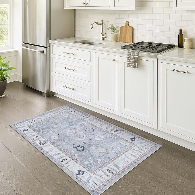 Fame Rugs Gray Modern Oushak Rug 2x3, Vintage Doormat Turkish Colorful Oriental Antique Inspired Washable Small Area Rug, Luxury Living Room Bedroom (Gbeige, 2' x 3')