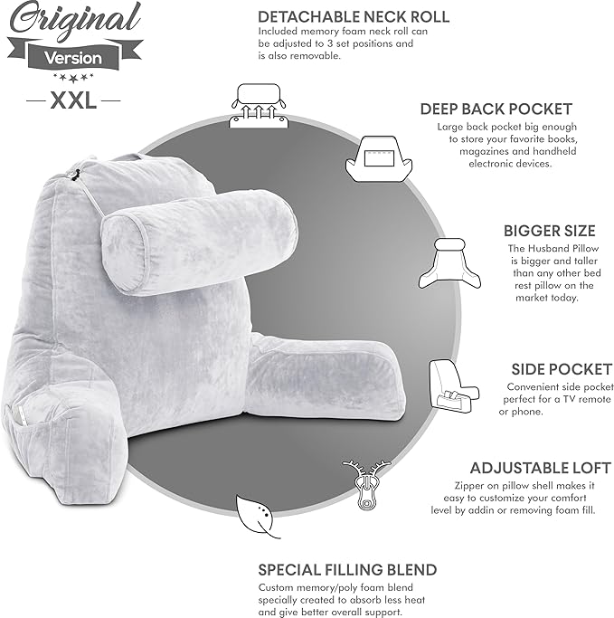 Husband Pillow XXL – Reading Pillow Bed Chair with Arms & Back Support – Light Grey - Back Pillow for Beds Sitting Up – Bed Rest Arm Pillow – Comfy Reading Pillow for Adults
