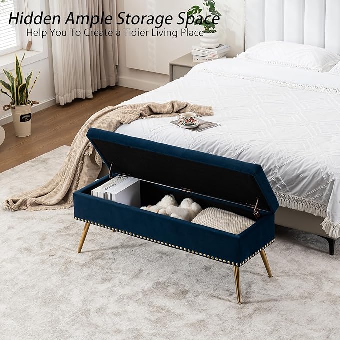 Velvet Storage Bench with Gold Legs& Nailhead Trim, 46" Wide Upholstered Modern Bedroom Bench for End of Bed, Tufted Ottoman for Entryway Living Room Dining Room (Navy Blue, 46" Wide)