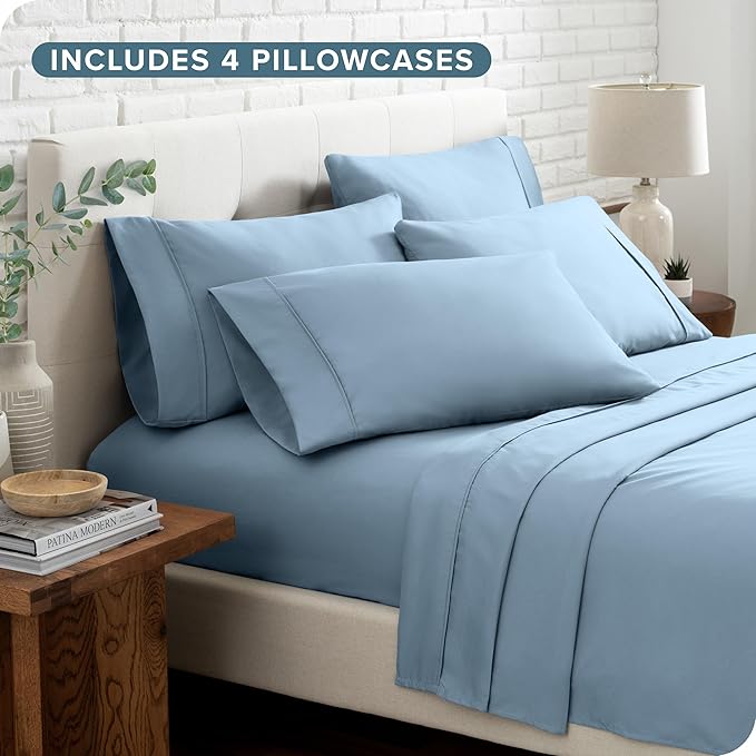 Bare Home Hotel Luxury Queen Sheet Set, Extra Soft - 6 Piece Set - Deep Pockets - Easy Fit - Cooling & Breathable - Wrinkle, Fade, Stain Resistant - Includes 4 Pillowcases (Queen, Light Blue)