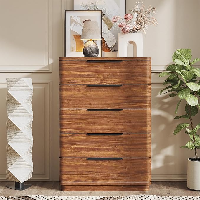 5 Drawer Dresser for Bedroom, 45" Tall Modern Chest of Drawers with Metal Handle, Curved Profile Design, Wooden Closet with Large Drawers Dressers Organizer for Entryway Hallway