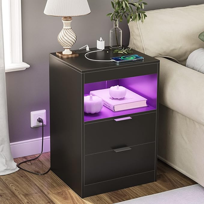 Tiptiper Black Nightstand with Wireless Charging Station and LED Lights, Bedside Table with 2 Drawers, Open Storage, 1 Pull-Out Tray, End Side Table with Charging Station, LED Night Stand with Storage