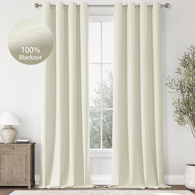 ChrisDowa 100% Blackout Iovry Solid Curtains 96 Inches Long 2 Panels for Bedroom Living Room,Farmhouse Room Darkening Thermal Insulated Soundproof Grommet Top Window Treatment Drapes,52x96