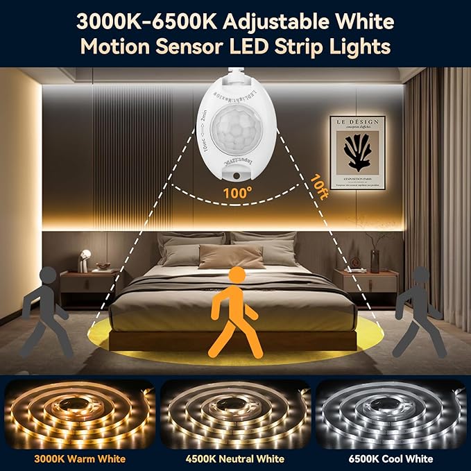 Motion Sensor Under Bed Lights, 2x6.56ft 3000K-6500K White Motion Activtaed LED Strip Lights with Auto-Off Timer, IP65 Waterproof Motion Sensor LED Light Strip for Bedroom Cabinet Stair Closet Mirror