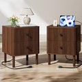 Night Stand Set of 2 with Charging Station, 18" Fluted Nightstand with Rounded Corners & Solid Wood Legs, 2 Drawers End Table, Mid Century Modern Bedside Table for Bedroom, Walnut