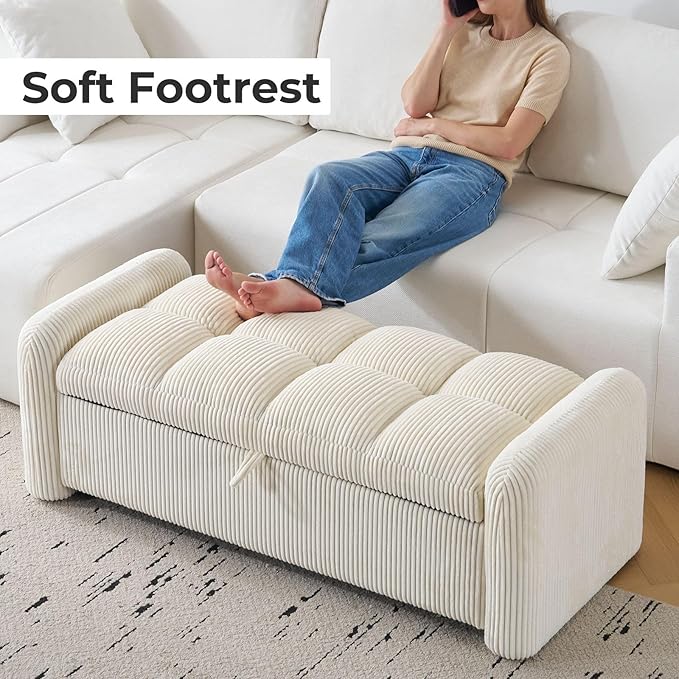 Oversized Corduroy Ottoman Bench with Storage, Upholstered End of Bed Bench for Bedroom, Ottoman Foot Rest for Living Room, Beige