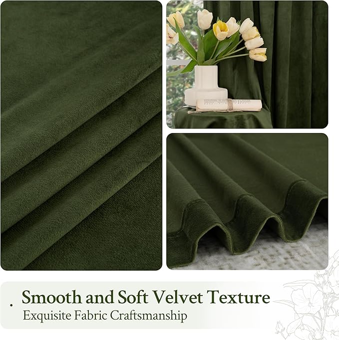 LAMIT Olive Green Velvet Curtains 120 Inch for Living Room, Thermal Insulated Blackout Curtains Luxury Room Darkening Back Tab and Rod Pocket Window Drapes for Bedroom, 2 Panels, 52 x 120 Inch