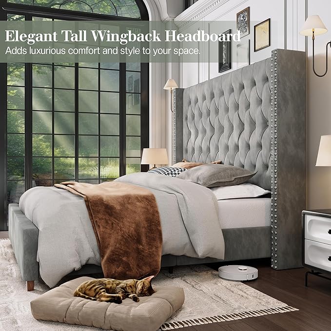 Jocisland Queen Size Bed Frame with 61.4" Tall Headboard, Velvet Upholstered Wingback Platform Design, Handcrafted Pleats& Deep Button Tufted, Solid Wood Legs, No Box Spring Needed, Gray