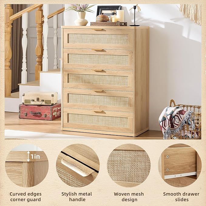 LEYAOYAO Rattan Dresser for Bedroom Set 2, 41" Tall Chest of Drawers, Modern 5 Drawers Boho Dressers with Storage, Light Oak Dresser Wooden Closet Organizer for Living Room, Hallway, Natural Wood