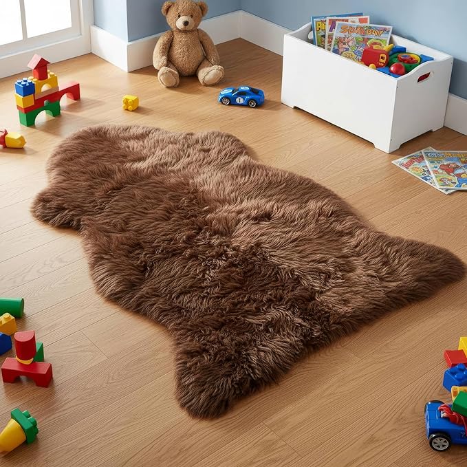 Genuine Dark Brown Sheepskin Rug 2x3 ft, Real Fluffy Single Pelt Fur Accent Rug for Chair, Seat Cover, Nursery & Home Decor, Natural & Soft Shaggy Throw