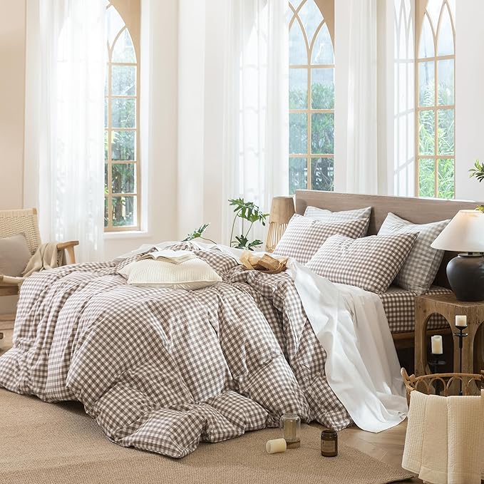 MooMee Gingham Duvet Cover Set 100% Washed Cotton Linen Like Textured Breathable Durable Soft Comfy Modern Checkered Design (Brown Gingham, Twin 68"x90")