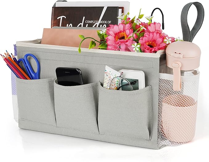 Lilithye Bedside Storage Organizer with Fixed Straps and Water Bottle Holder for Home, College, Dorm, Bunk / Hospital Bed, Crib Bed Rails (Grey)