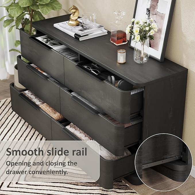 6 Drawer Dresser for Bedroom, 54" Wide Modern Chest of Drawers with Metal Handle, Curved Profile Design, Wooden Black Dresser Closet Clothes Storage TV Stand for Living Room, Hallway