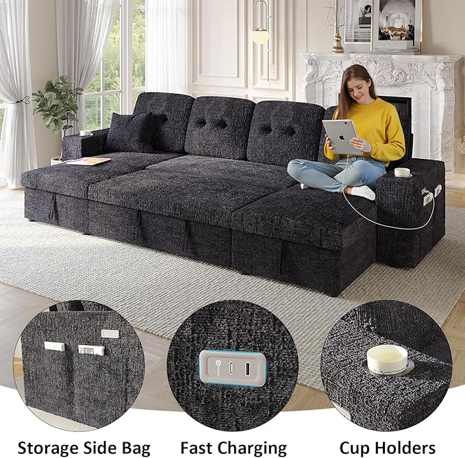 117" Sleeper Sofa Bed, U-Shaped Sofa with Dual Reversible Storage Chaise | Adjustable Backrest | Wide Armrest, Sectional Couches for Living Room, 4 in 1 Pull Out Couch Bed, Navy Blue Chenille