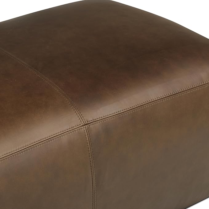 Poly & BARK Denver Ottoman – 43" Large Pouf with Feather-Down Topper – Full-Grain Leather Upholstered Pouf Ottoman for Living Room – Vintage Italian Leather in Cocoa Brown