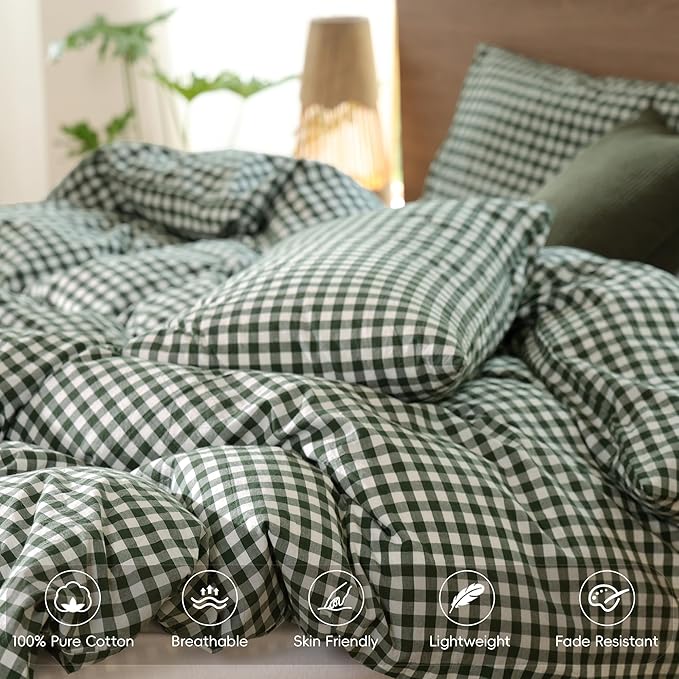 MooMee Gingham Duvet Cover Set 100% Washed Cotton Linen Like Textured Breathable Durable Soft Comfy Modern Checkered Design (Forest Green Gingham, Super King 108"x98")