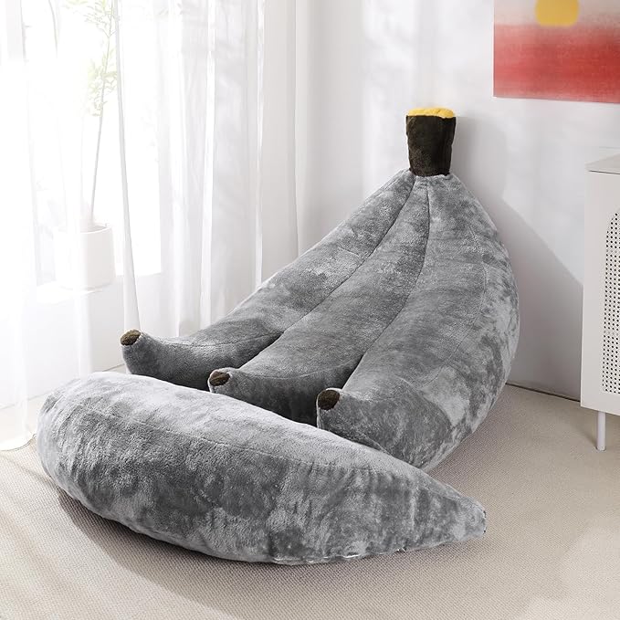 Banana Bean Bag Chair with Ottoman, Floor Sofa Bed with Footrest, Comfy Convertible Lounger for Adults, Plush Couch for Bedroom, Living Room or Dorm, L-Grey