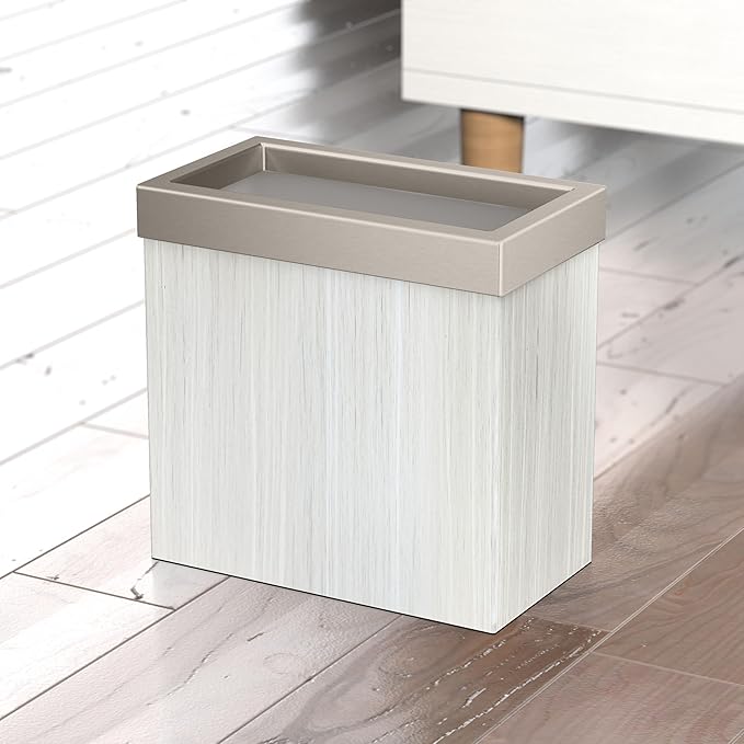 Gatco Modern Rectangle Wastebasket, White Oak/Satin Nickel Lid - Stainless Steel Trash Can with Removable Lid, Leakproof, 3 Gallon Capacity for Bathroom, Bedroom, Kitchen, or Office