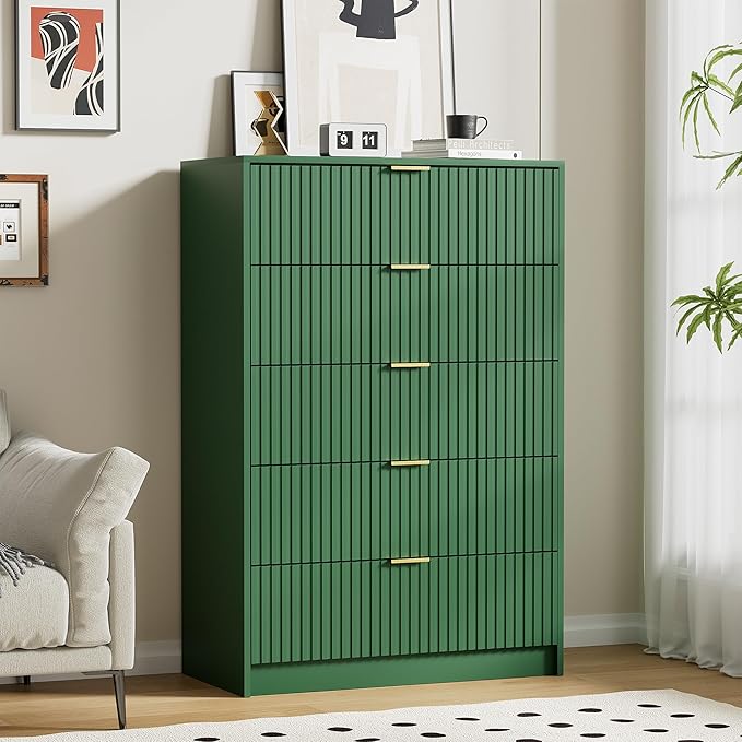 Green Dresser for Bedroom, Modern Dresser with 5 Drawers and Smooth Slides, Wide Chest of Drawers with Golden Handles for Bedroom, Living Room, Closet, 15.7" D x 31.5" W x 47.2" H