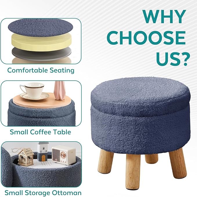 FIMIVIBI Small Foot Stool Ottoman with Storage, Sherpa Ottoman Foot Rest for Couch, Round Footstool with Storage, Small Ottomans and Footstools for Living Room and Entryway (Navy Blue)