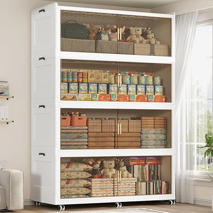 320GAL Extra Large Storage Bins with Lid, 1280QT Collapsible Organizer with Wheels, Stackable Closet Cabinet with Doors, Folding Storage Containers for Home, Office, Kitchen, 3Pack White