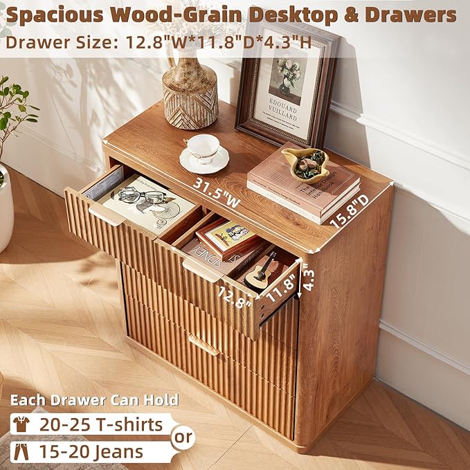 LEYAOYAO Fluted 5 Drawers Dresser for Bedroom, 34" Tall Modern Chest of Drawers with Metal Handle, Curved Profile Design,Brown Wood Drawer Organizer for Bedroom, Living Room, Hallway, Entryway