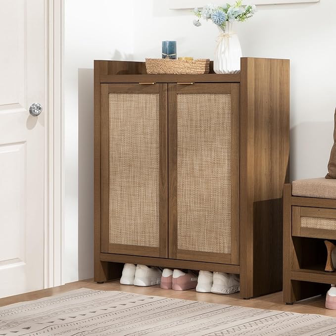 SICOTAS Shoe Cabinet Set of 2, Large Capacity Shoe Storage Organizer Cabinet, Tall Rattan Shoe Cabinet with Doors and Shelves, 6-Tier Farmhouse Boho Wooden Storage Cabinet for Entryway Hallway