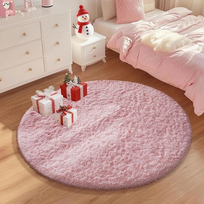 Ophanie Pink Round Rug for Bedroom Girls, Kids Fluffy Kawaii Fuzzy Shag Circle Circular Area Rugs, Cute Plush Christmas Small Carpet 4Ft 4 Foot, for Teen Baby Nursery Home Living Room Decor Aesthetic