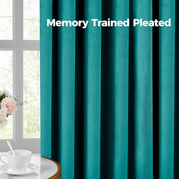Pinch Pleated 100% Blackout Curtains for Bedroom, Teal Velvet Curtains for Living Room, Black Out Curtain 102 inch Long Room Darkening, Blackout Pinch Pleat Drapes with Hooks 2 Panels
