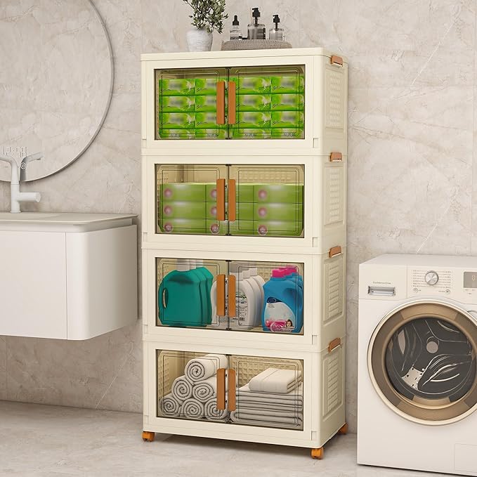 Plastic Stackable Storage Bins with Lids and Wheels, 358.4QT-89.6QT*4Tier Foldable Closet Organizers and Containers, Collapsible Clear Drawer Storage Cabinet with Doors Ivory White