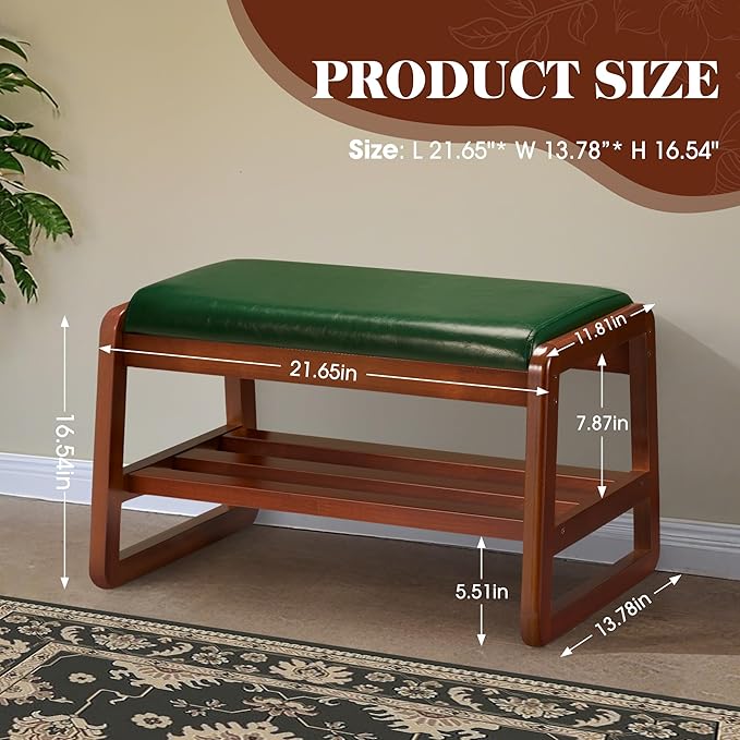 HABUTWAY Solid Wood Shoe Rack, Entryway Shoe Bench with Cushion, 2 Tier Shoes Organizer for Entryway, Hallway, Living Room-(Green,21.65"-S)