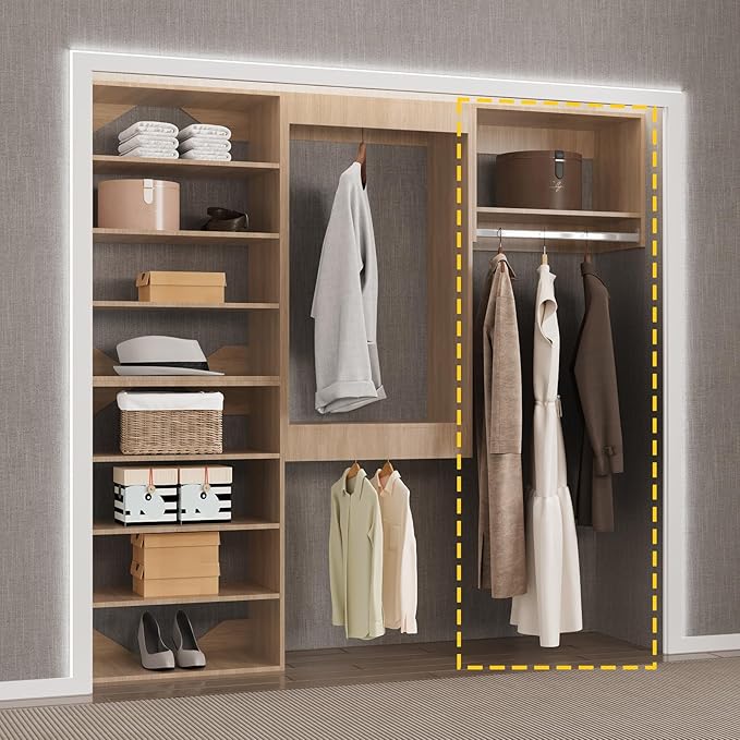Tall Hanging Closet Unit, Modular System Organizer With Storage for Walk-In Closets, Clothing Rack Wardrobe for Hanging Clothes, Bedroom, Wood, 31.5"W
