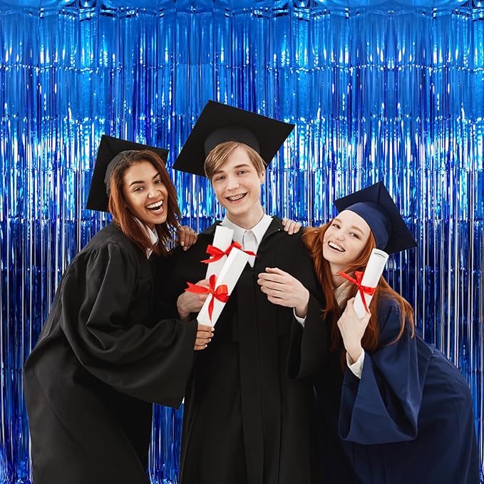 GOER 3.2 ft x 9.8 ft Metallic Tinsel Foil Fringe Curtains Party Photo Backdrop Party Streamers for Birthday,Graduation,New Year Eve Decorations Wedding Decor (1 Pack,Matte Blue,Thick Material)