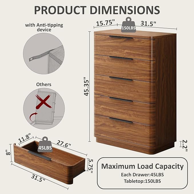 5 Drawer Dresser for Bedroom, 45" Tall Modern Chest of Drawers with Metal Handle, Curved Profile Design, Wooden Closet with Large Drawers Dressers Organizer for Entryway Hallway