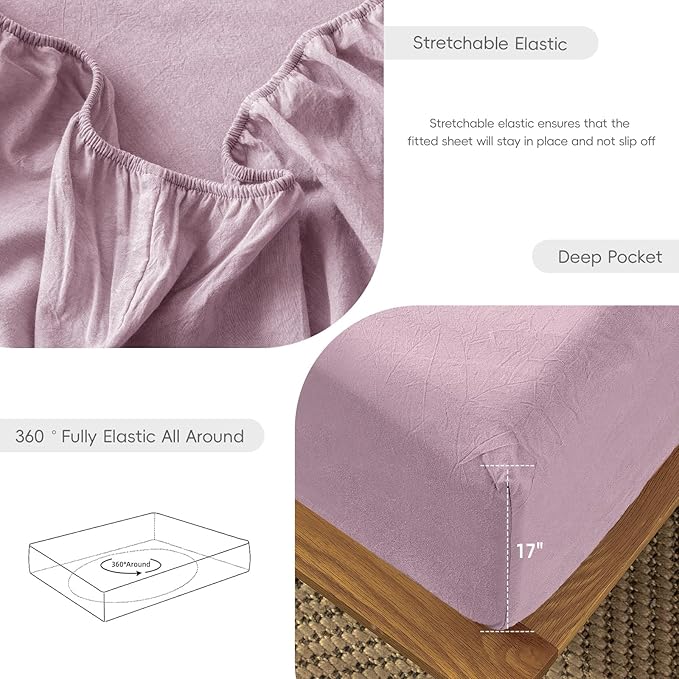 MooMee Fitted Bottom Sheet Only 100% Washed Cotton Linen Like Textured Breathable Durable Soft Comfy Deep Pocket Fits Mattress up to 17" (Light Purple, Queen)
