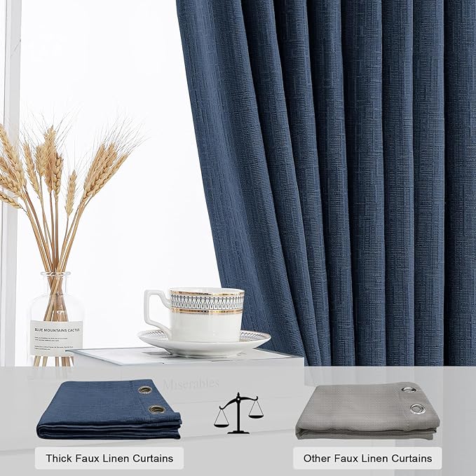 Jacquard Linen Curtains 84 inch Length 2 Panels Thick Faux Linen Blended Window Drapes Burlap Textured Curtains with Grommet for Living Room Bedroom Farmhouse (52x84 Navy) Natural