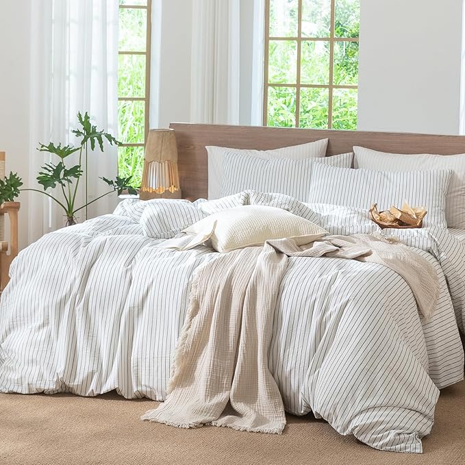 MooMee Striped Duvet Cover Set 100% Washed Cotton Linen Like Textured Breathable Durable Soft Comfy (White Heathered Green Wide Stripes, Twin 68"x90")